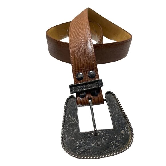 Vintage Georges Marciano Brown Leather Belt With Sterling Silver Large buckle - Picture 1 of 9